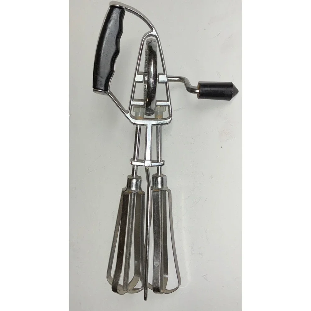Egg Beater Hand Held Crank Mixer Stainless Steel‎ Black Side Handle Vintage